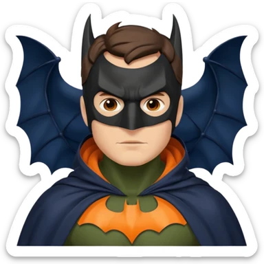 generate a batman emoji with just the face and neck showing and part of the cloak and and wings. Shade the bat logo on the chest in a bright  olive green. Shade the mask in dark navy blue.  Shade the cloak in a solid vibrant orange.  sticker