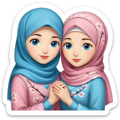 Two friendly Turkish girls beautiful finish Konya blue eyes with cherry blossom hijab and heart dress and hugs  sticker