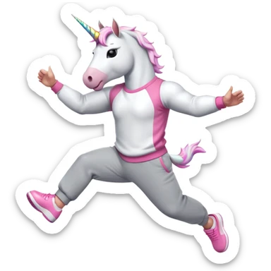 friendly anthropomorphised male white unicorn with a fit, chunky, muscular and strong physique, arms and legs matching the white of the head, wearing grey tracksuit pants and pink jumper, sunglasses, jumping for joy sticker