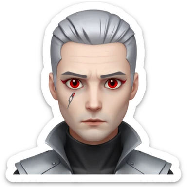 Cyberpunk man, grey slicked hair, silver metal thick  prosthetic jawline, red eyes, cold expression, clinical lighting sticker