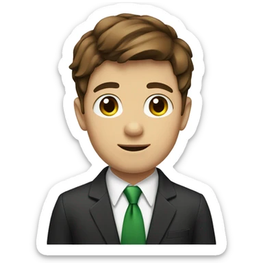 A boy with brown hair and a suit and a green tie sticker