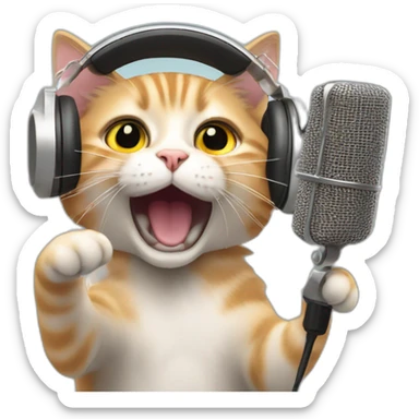 cat wearing headphones shouting and singing in front of microphones, blurred image sticker