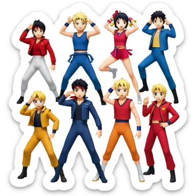 Icon for Anime Collage: Characters from Cowboy Bebop, Naruto, Bishoujo Senshi Sailor Moon and Kimetsu no Yaiba, each in their iconic poses and vibrant outfits, blended together with dynamic backgrounds. Transparent background. sticker