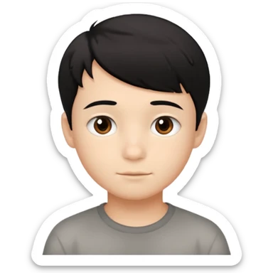 young boy with short, slightly messy black hair, a round face, large brown eyes, and a small neutral smile sticker