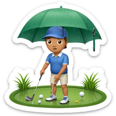 A man playing golf in the rain with wet grass around him and no umbrella  sticker