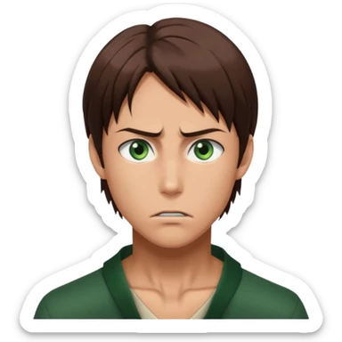 “Make him look like Eren Yeager S3 — long brown hair tied back, strong jawline, sharp green eyes, that cold, intense Eren vibe.” sticker