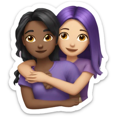 tan girl with black and purple hair hugging light skinned brunette girl sticker