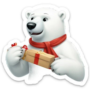 Polar bear in coke scarf wrapping a Christmas present  sticker