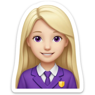 A pale girl with gray eyes and long and blonde straight hair , smiling wearing a purple school uniform  sticker