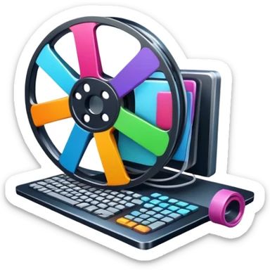 Create a vibrant and modern icon representing Animation and Motion Design, featuring elements like a film reel, a computer screen, and dynamic motion lines. The design should be visually engaging, colorful, and dynamic, without any emojis. The background must be transparent. sticker