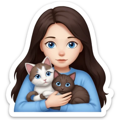 a girl with long dark 
brown hair, with blue eyes, in a
white sweater, hugs 3 different natural coloured cats sticker