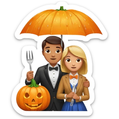Make a guy hugging a giant pumpkin with a fork in his right hand while there's fire while there's a lady watching while it's raining while there's an umbrella on the ground that's alive and the sun has a bow tie on his neck sticker
