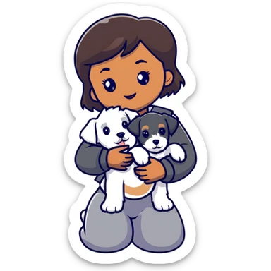Black girl with short bangs holding a white schnauzer puppy sticker