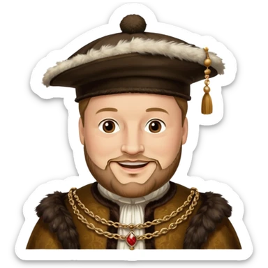 Henry VIII as an emoji, smiling, wearing Tudor attire and feathered cap sticker