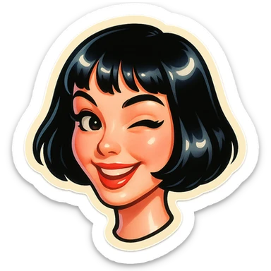 attractive girl with pale skin, black bob haircut, neat facial features, light makeup, playful look, Telegram sticker style, head only without neck, white background sticker