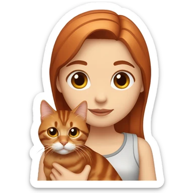 Copper red straight haired girl with dark brown eyes holding a Siberian tabby cat sticker