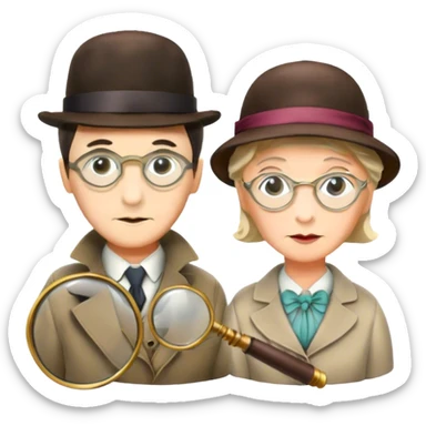 Icon for Detective Movies: A colorful collage with Sherlock Holmes, Miss Marple, and Pinkerton. Include magnifying glasses, clues, and detective tools. The design should evoke mystery and intrigue, with a classic detective movie feel. Transparent background. sticker
