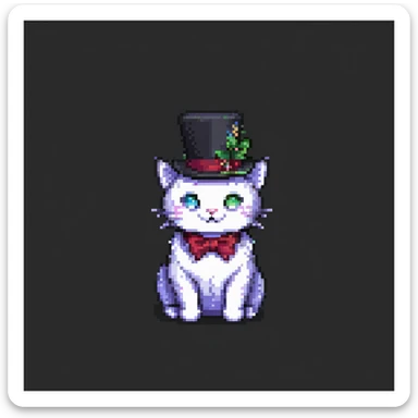 pixel art cat with a small top hat, simple background, minimalistic and clear sticker