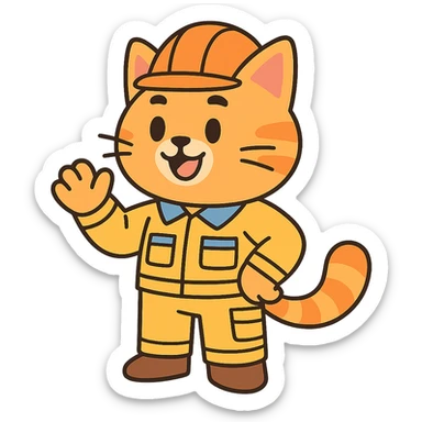 cat character with orange hard hat and work uniform, anime inspired sticker