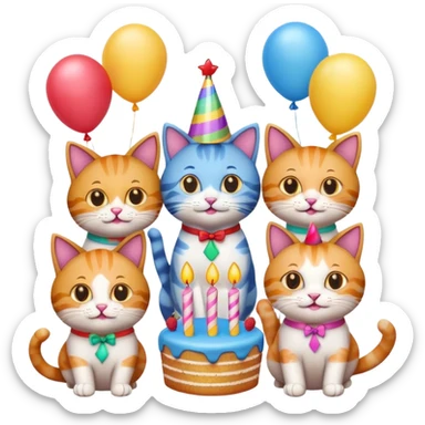 six guy cats at a birthday party, wearing party hats, balloons and cake, cheerful, vibrant, emoji style sticker
