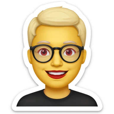 A simple yellow face smiling emoji with red lens glasses and black frames sticker