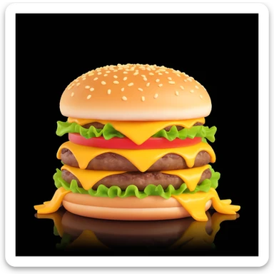 juicy triple-patty cheeseburger with melting triple cheese, crispy golden French fries on the side, hot steam rising from the food, fresh, delicious, sizzling hot, appetizing cartoon emoji style, high detail, bright colors sticker