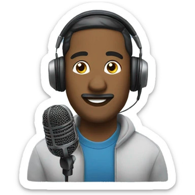 Man giving a podcast with a headphone and a mic sticker
