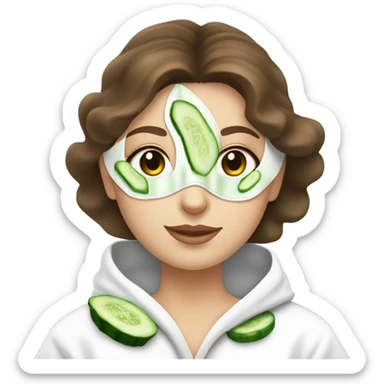 White girl with Brown hair and blue eyes wears a Green skincare textured mask and puts on cucumbers around her eyes while She relaxes in her white Robe sticker
