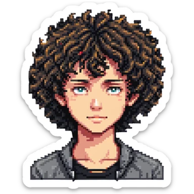 Teen boy character with curly hair, youthful face sticker