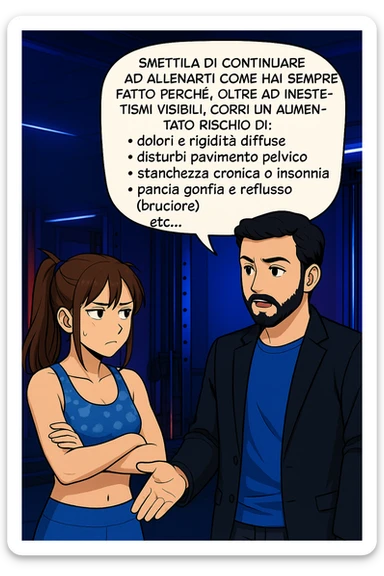 TRASFORMA QUESTO CAROSELLO IN UN FUMETTO STILE MANGA A COLORI CON QUESTE DUE PERSONE IDENTICHE CHE INTERLOQUISCONO TRA LORO:

LUI (UOMO): Smettila di continuare ad allenarti come hai sempre fatto perché, oltre ad inestetismi visibili, corri un aumentato rischio di:
    • dolori e rigidità diffuse
    • disturbi pavimento pelvico
    • stanchezza cronica o insonnia
    • pancia gonfia e reflusso (bruciore)
    • etc… sticker