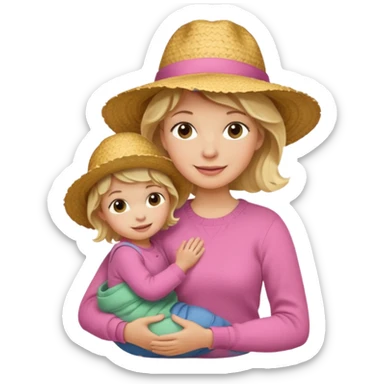 A cheerful wavy short blond hair mom in a straw hat carrying her child, wearing a pink sweater sticker