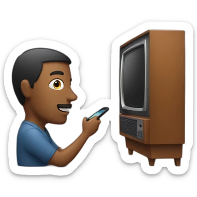 a man looking at a phone in front of a television sticker