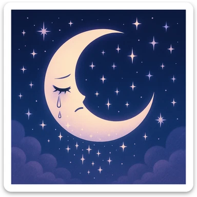 aesthetic nightcore style crescent moon with closed teary eyes, sparkles falling like tears, surrounded by stars, navy-to-indigo gradient background with soft clouds, dreamy sadness atmosphere sticker