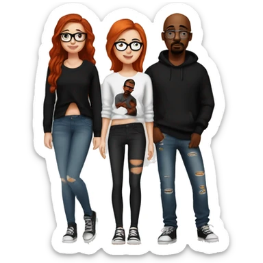 redhead girl with glasses wearing a cute sweater and black leggings, dark brown haired girl wearing black leggings and a cute sweater, bald guy wearing a beanie and ripped jeans with a 2pac shirt sticker