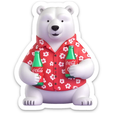 polar bear in a Hawaiian shirt decorated with Coke bottles, holding and drinking a Coca-Cola sticker