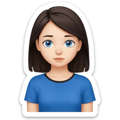 Girl with dark brown hair thats about shoulder lenght with blue eyes putting two hands on their neck in a black tshirt sticker