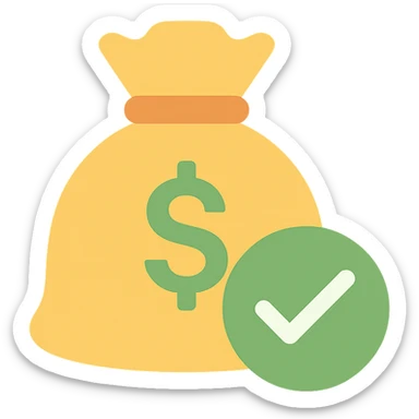 money bag with a large green check mark overlay, simple and bold sticker