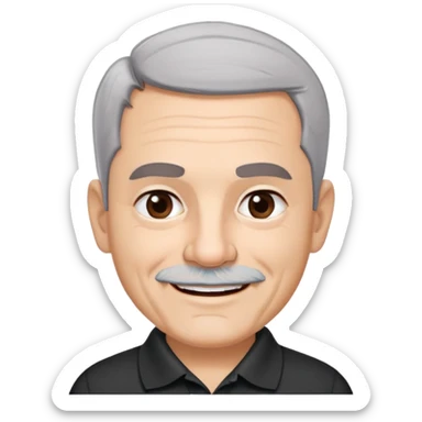 Puerto Rican older man with round face, wide jaw, light skin. Expressive dark brown eyes, thick eyebrows. Short gray hair with receding hairline. Light gray stubble beard. Friendly smile. Wearing a black polo shirt. sticker