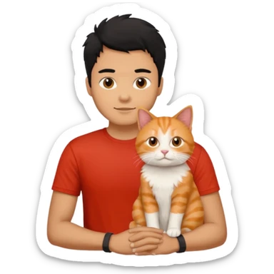 Brown guy with black hair in red t-shit with orange cat sticker