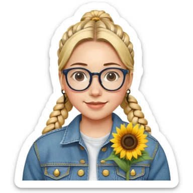 A bespectacled girl with a braided ponytail, a sunflower pin on her denim jacket, and a cheerful expression. sticker