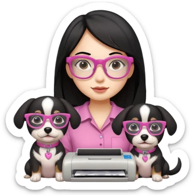 Una chica con pelo negro y lentes rosados con una impresora y dos perras una cajeta y la otra negra sticker