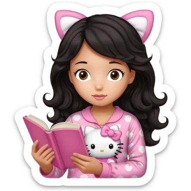 Chica peli negra  cabello ondulado tes trigueña con una pijama rosa de hello kitty leyendo un libro rosa de haditas  sticker