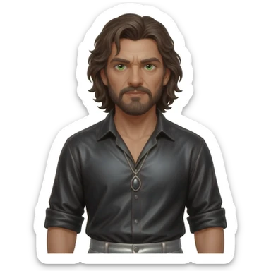 Iago from Othello with green eyes, dark brown hair, black metallic shirt, gray metallic baggy pants, silver necklace sticker