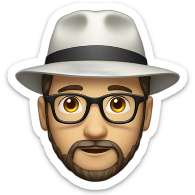 young dark-haired white man with a hat, glasses and beard sticker