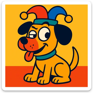a dog with a mischievous side eye, wearing a comical hat, vibrant colors, playful cartoon illustration sticker