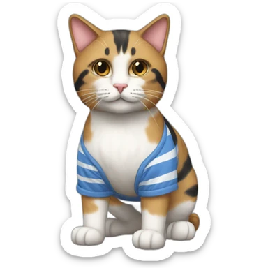 Purradise Meowscles is a buff calico cat  he has a mullet, a floral designed t shirt that is unbuttoned and blue and white stripped shorts sticker
