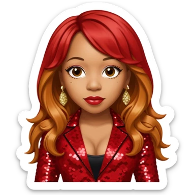 Tameka Tiny Harris from Xscape with long reddish blonde hair, red sequin outfit sticker