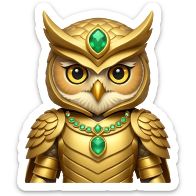 owl warrior wearing golden armor embedded with emerald jewels sticker