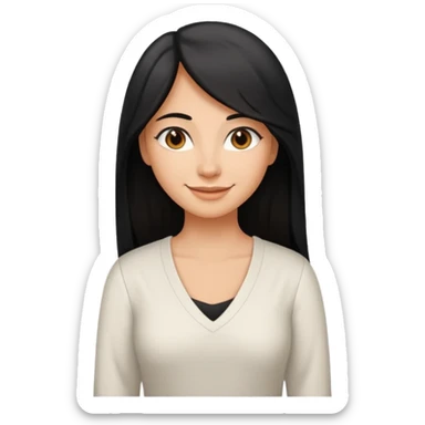 medium tan woman with long black hair past middle of back, round brwn eyes, white v neck blouse smiling. sticker