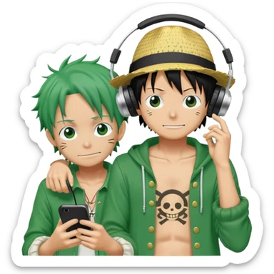 Green Luffy and green Alastor listening to music together sticker